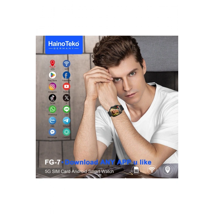 HainoTeko FG-7 Siyah 5G Sim Kartlı Full Android Akıllı Saat GPS Wi-Fi Kameralı + Deri ve Silikon Kordon