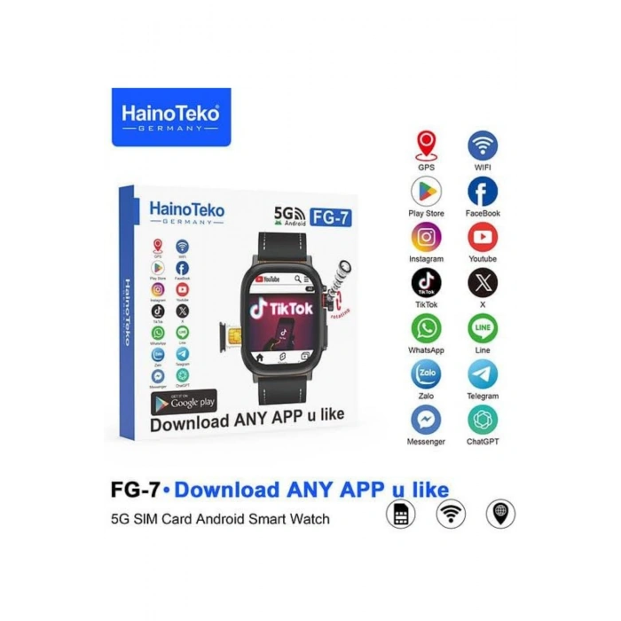 HainoTeko FG-7 Siyah 5G Sim Kartlı Full Android Akıllı Saat GPS Wi-Fi Kameralı + Deri ve Silikon Kordon