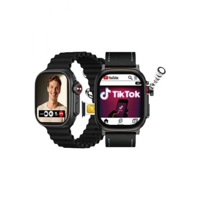 HainoTeko FG-7 Siyah 5G Sim Kartlı Full Android Akıllı Saat GPS Wi-Fi Kameralı + Deri ve Silikon Kordon