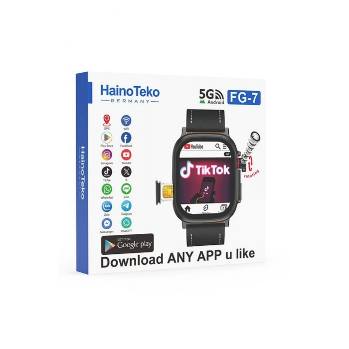HainoTeko FG-7 Siyah 5G Sim Kartlı Full Android Akıllı Saat GPS Wi-Fi Kameralı + Deri ve Silikon Kordon