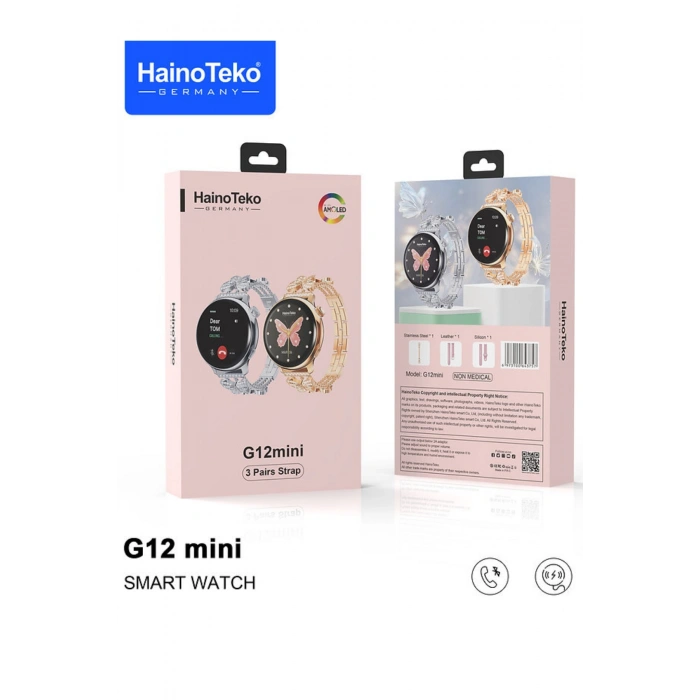 HainoTeko G12 Gold Akıllı Saat | Şık Metal Kordonlu, AMOLED Ekran | Bluetooth Görüşme | 3 Kordon Seti