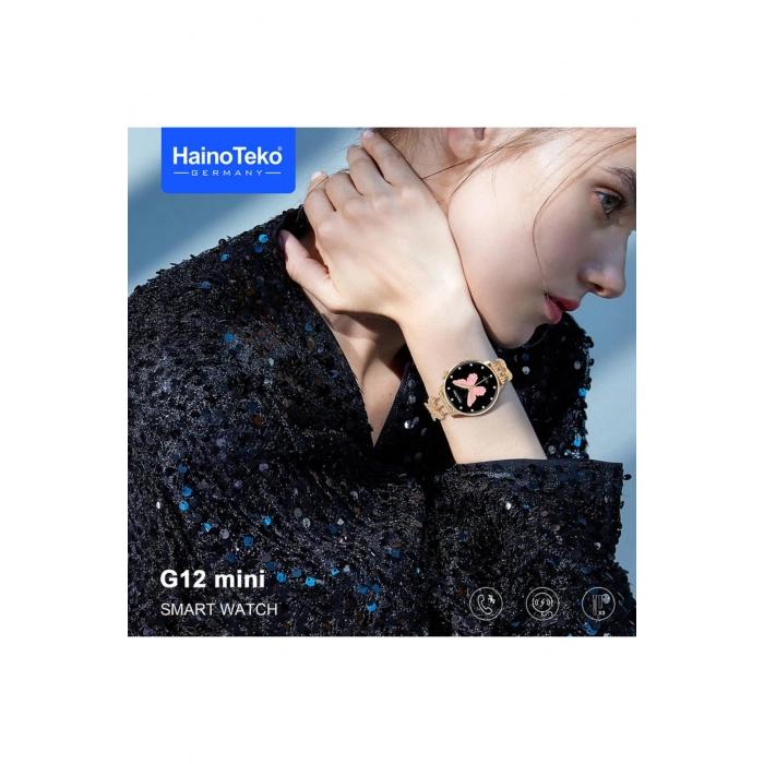 HainoTeko G12 Gold Akıllı Saat | Şık Metal Kordonlu, AMOLED Ekran | Bluetooth Görüşme | 3 Kordon Seti