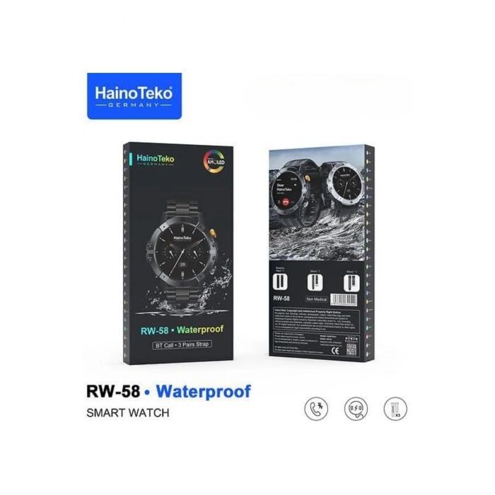 HainoTeko RW-58 Siyah AMOLED Ekran Akıllı Saat Su Geçirmez BT Aramalı + 3lü Kordon
