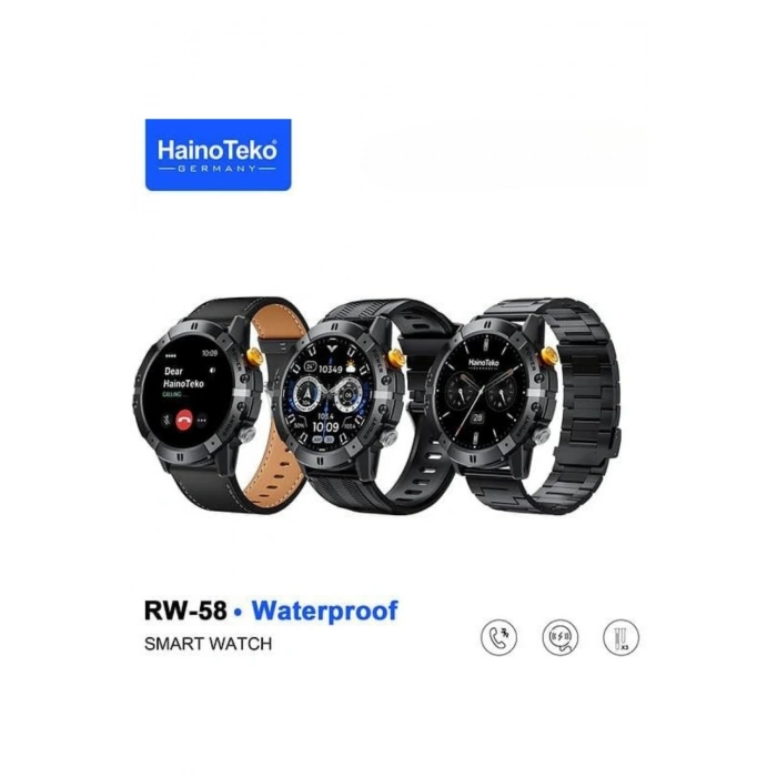 HainoTeko RW-58 Siyah AMOLED Ekran Akıllı Saat Su Geçirmez BT Aramalı + 3lü Kordon