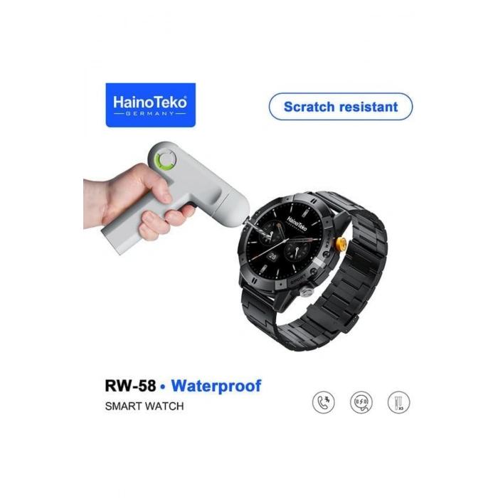 HainoTeko RW-58 Siyah AMOLED Ekran Akıllı Saat Su Geçirmez BT Aramalı + 3lü Kordon