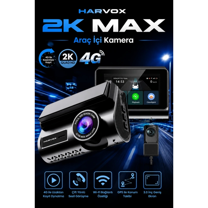 Harvox 2K Max Akıllı Araç Kamerası Ön 2K Arka Full HD Sim Kartlı 4G Bağlantılı Çift Yönlü Ses G-Sensör