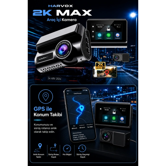 Harvox 2K Max Akıllı Araç Kamerası Ön 2K Arka Full HD Sim Kartlı 4G Bağlantılı Çift Yönlü Ses G-Sensör