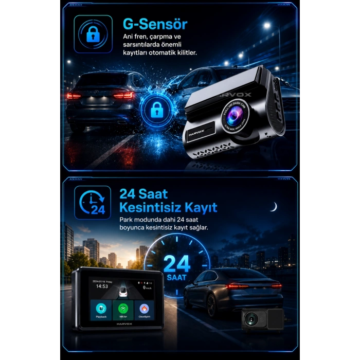 Harvox 2K Max Akıllı Araç Kamerası Ön 2K Arka Full HD Sim Kartlı 4G Bağlantılı Çift Yönlü Ses G-Sensör