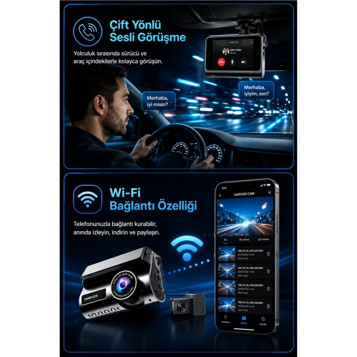 Harvox 2K Max Akıllı Araç Kamerası Ön 2K Arka Full HD Sim Kartlı 4G Bağlantılı Çift Yönlü Ses G-Sensör