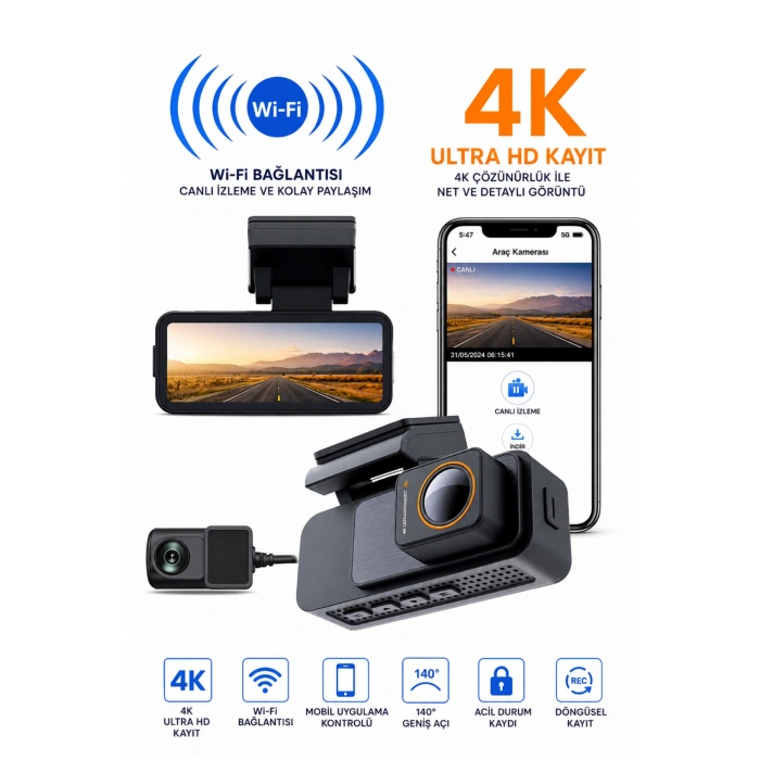 Harvox 4K Pro Araç İçi Kamera Seti  2 Kameralı (4K Ön + 1080P Arka), Wi-Fi, GPS Park Modu