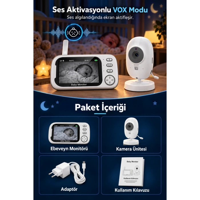 Harvox BC-001 Bebek Kamerası Lcd Ekranlı Gece Görüşlü Bebek Telsizi Bebek Odası Kamerası Monitörü