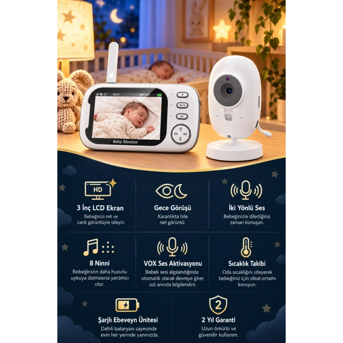 Harvox BC-001 Bebek Kamerası Lcd Ekranlı Gece Görüşlü Bebek Telsizi Bebek Odası Kamerası Monitörü
