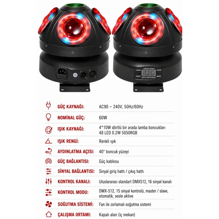 Hepu FB-4130 Mantar Sahne Işığı 60W DMX512 RGBW LED & 100MW Yeşil Lazerli Robot Işık Sistemi