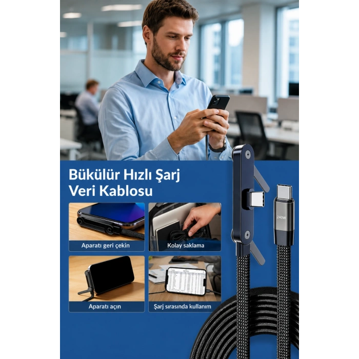 Hepu HP-ATC01 240W Type-C to Type-C Telefon Stantlı Örgülü Hızlı Şarj Kablosu 1.5m