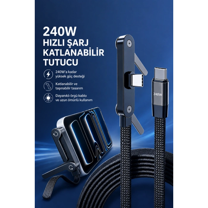 Hepu HP-ATC01 240W Type-C to Type-C Telefon Stantlı Örgülü Hızlı Şarj Kablosu 1.5m