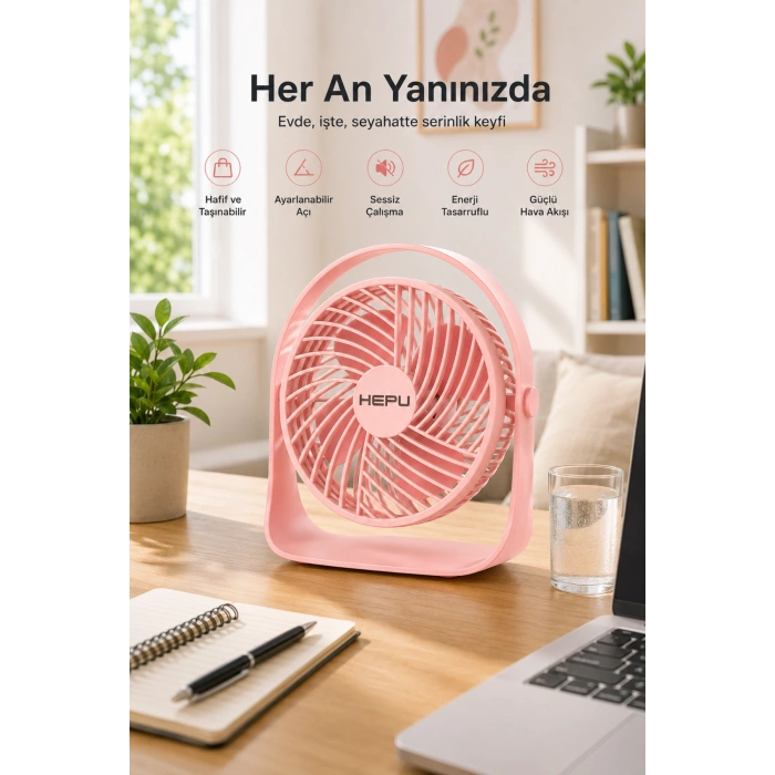 Hepu HP-F11 Masaüstü Mini Vantilatör - 3 Kademeli Şarjlı Taşınabilir Masa Fanı