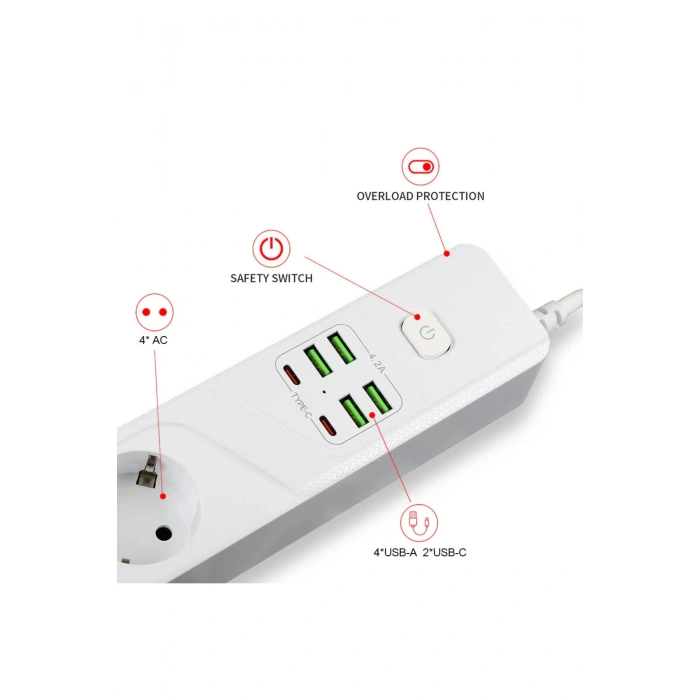 Hepu Hp-H11 Akıllı Power Socket 3 Priz + 4 USB + 2 Type-C 3000W Güç