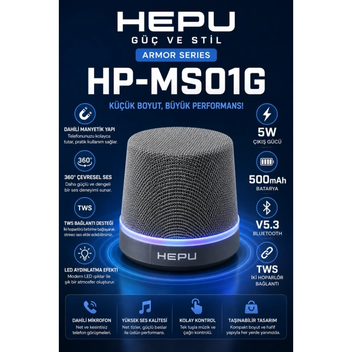 Hepu HP-MS01G Gri Manyetik Telefon Tutuculu Kablosuz Bluetooth Hoparlör TWS Destekli