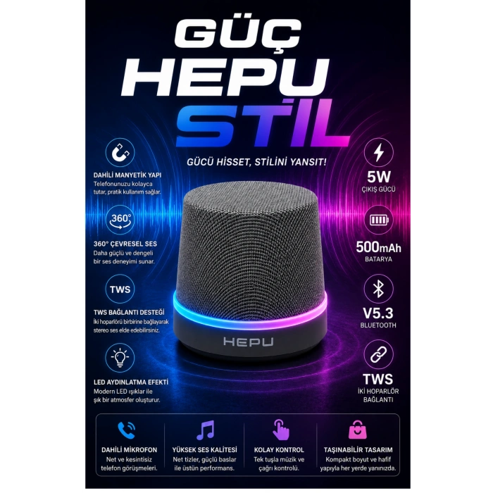 Hepu HP-MS01G Gri Manyetik Telefon Tutuculu Kablosuz Bluetooth Hoparlör TWS Destekli