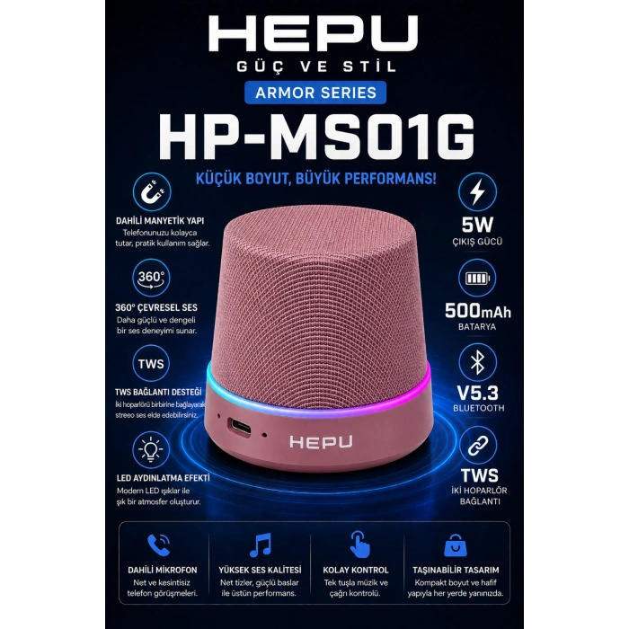 Hepu HP-MS01G Pembe Manyetik Telefon Tutuculu Kablosuz Bluetooth Hoparlör TWS Destekli