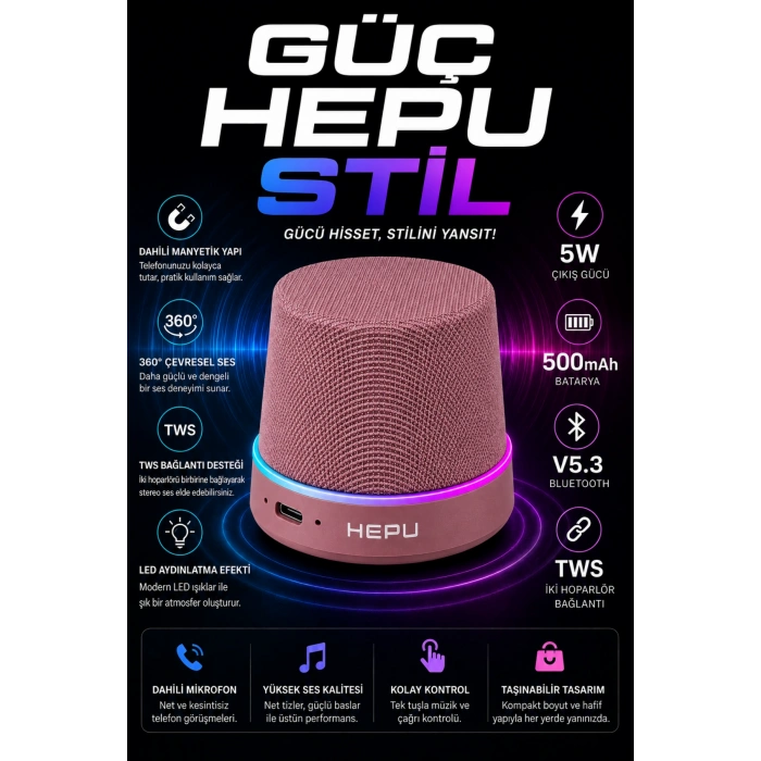 Hepu HP-MS01G Pembe Manyetik Telefon Tutuculu Kablosuz Bluetooth Hoparlör TWS Destekli