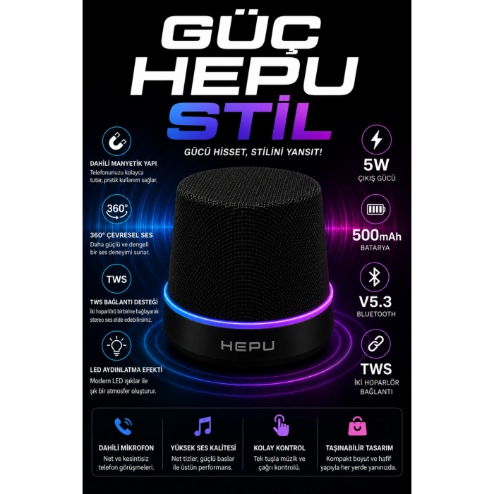 Hepu HP-MS01G Siyah Manyetik Telefon Tutuculu Kablosuz Bluetooth Hoparlör TWS Destekli