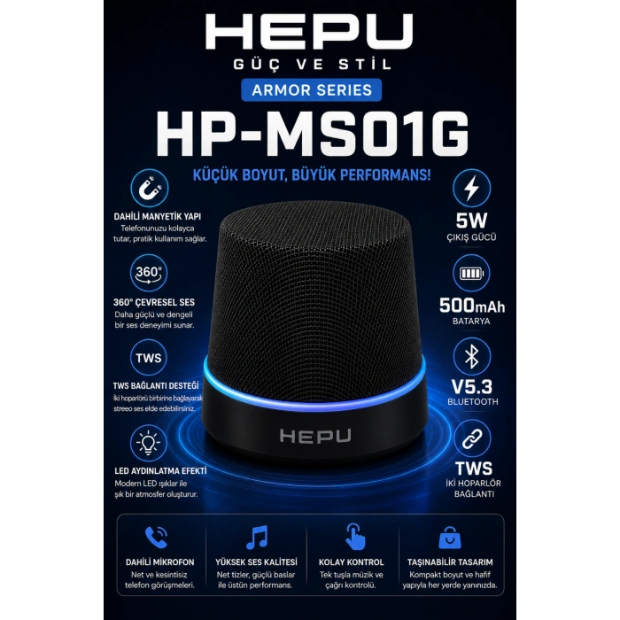 Hepu HP-MS01G Siyah Manyetik Telefon Tutuculu Kablosuz Bluetooth Hoparlör TWS Destekli