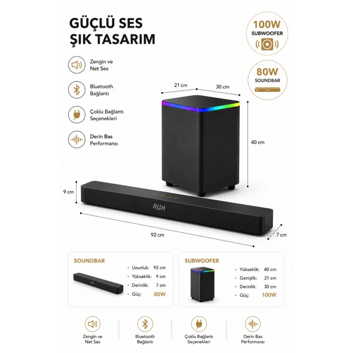 Hepu HP-TV06 180W 2.1 Ch Kablosuz Subwoofer Soundbar Ev Sinema Sistemi - Bluetooth, HDMI ARC, Optik ve Renkli LED