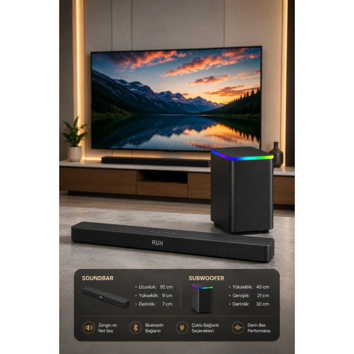 Hepu HP-TV06 180W 2.1 Ch Kablosuz Subwoofer Soundbar Ev Sinema Sistemi - Bluetooth, HDMI ARC, Optik ve Renkli LED