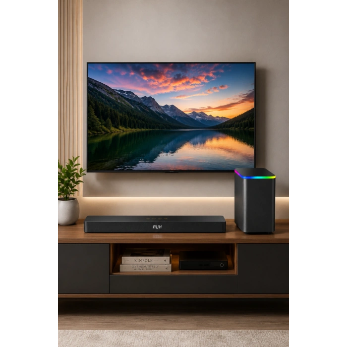 Hepu HP-TV06 180W 2.1 Ch Kablosuz Subwoofer Soundbar Ev Sinema Sistemi - Bluetooth, HDMI ARC, Optik ve Renkli LED