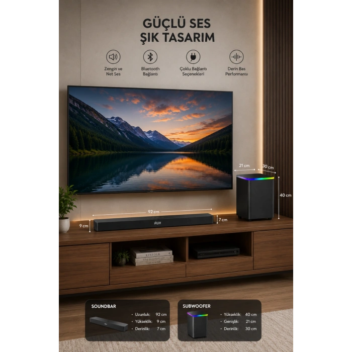 Hepu HP-TV06 180W 2.1 Ch Kablosuz Subwoofer Soundbar Ev Sinema Sistemi - Bluetooth, HDMI ARC, Optik ve Renkli LED