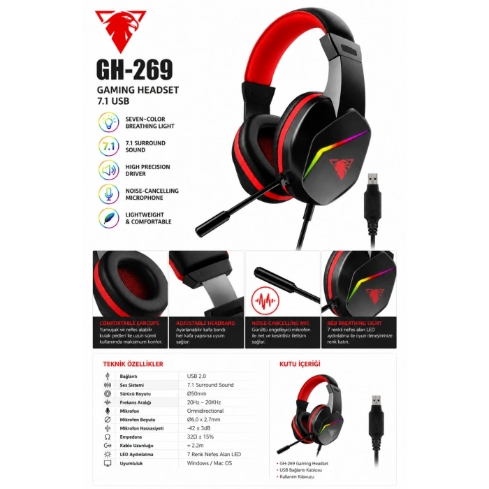 Jedel Gaming GH-269 7.1 USB Mikrofonlu RGB Oyuncu Kulaklığı - Siyah/Kırmızı