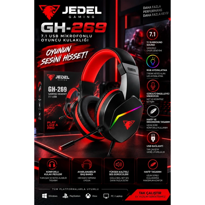 Jedel Gaming GH-269 7.1 USB Mikrofonlu RGB Oyuncu Kulaklığı - Siyah/Kırmızı
