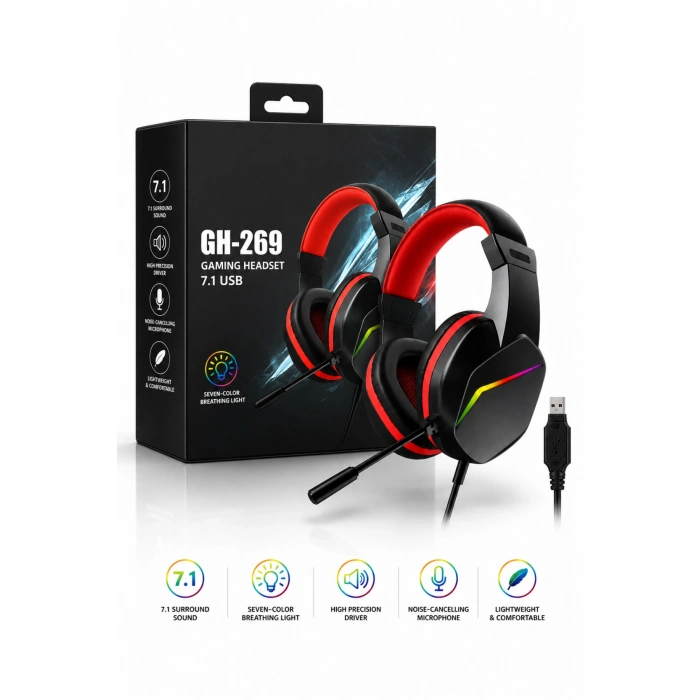 Jedel Gaming GH-269 7.1 USB Mikrofonlu RGB Oyuncu Kulaklığı - Siyah/Kırmızı