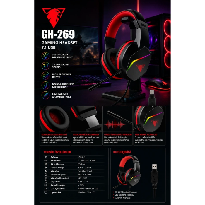 Jedel Gaming GH-269 7.1 USB Mikrofonlu RGB Oyuncu Kulaklığı - Siyah/Kırmızı
