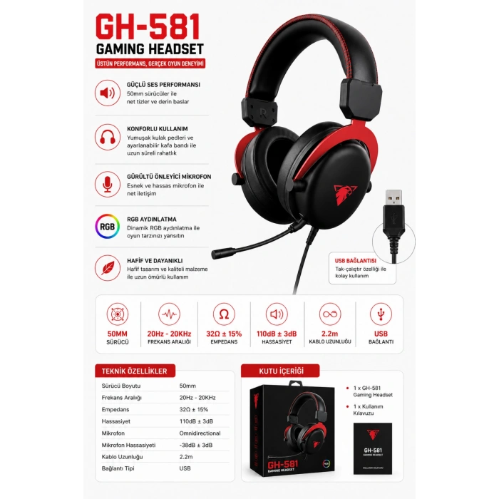 Jedel Gaming GH-581 7.1 USB Kablolu RGB Işıklı Mikrofonlu Oyuncu Kulaklığı