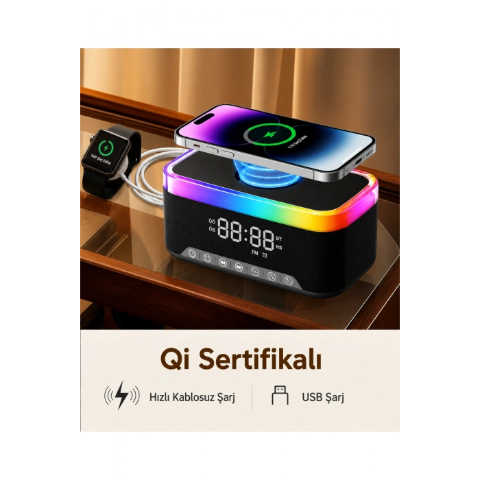 Jedel SA-148 Dijital Saatli Bluetooth Hoparlör ve 15W Hızlı Kablosuz Şarj İstasyonu