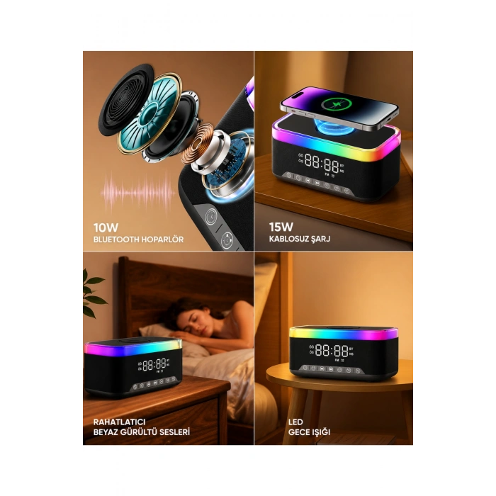Jedel SA-148 Dijital Saatli Bluetooth Hoparlör ve 15W Hızlı Kablosuz Şarj İstasyonu