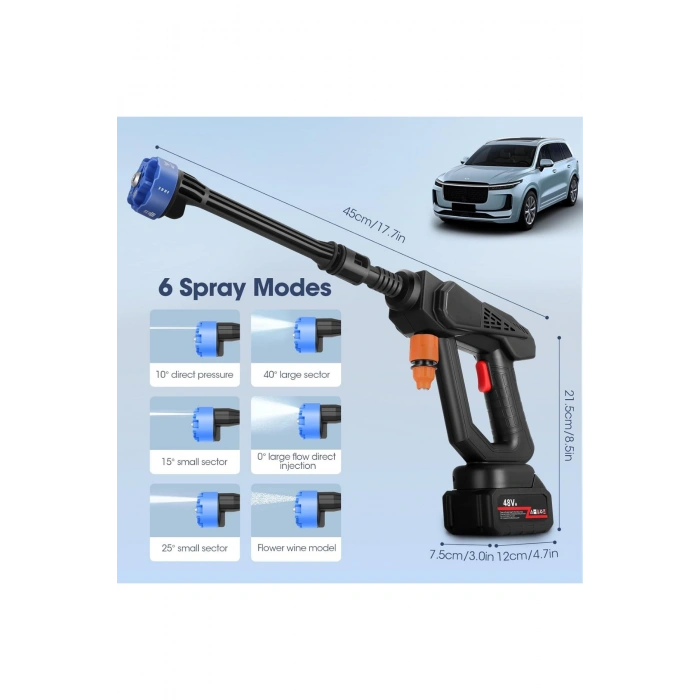 Leerfei 8108 Akülü Araba Yıkama Makinesi | 48V Li-ion Pil | Yüksek Basınçlı Taşınabilir Temizlik Tabancası
