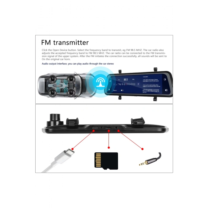 Leerfei Lf-966 4K Gece Görüşlü Akıllı Dikiz Aynası Araç İçi Kamera - Kablosuz CarPlay