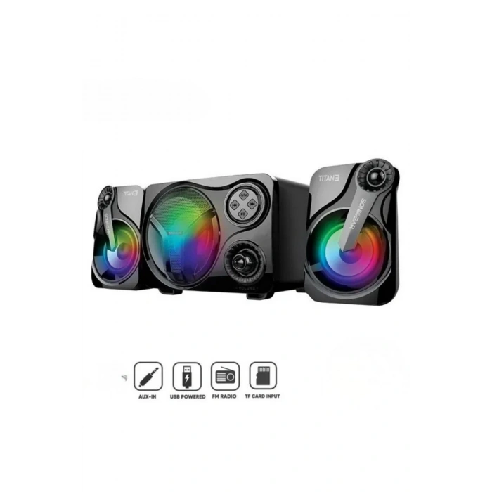 Leerfei SP-60 2.1 Bluetooth Hoparlör Sistemi | RGB Işıklı Subwoofer ve Uydu Hoparlörler | USB, TF Kart, FM Destekli