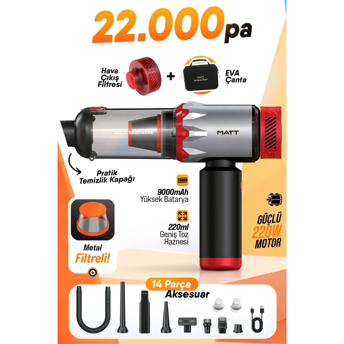 MATT MCV22 Şarjlı Araç Süpürgesi Kırmızı 22.000Pa Güçlü Vakumlu Mini Type-C Şarjlı 220ML
