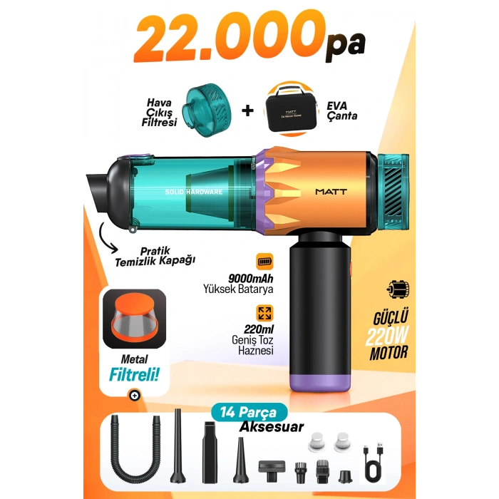MATT MCV22 Şarjlı Araç Süpürgesi Sarı 22.000Pa Güçlü Vakumlu Type-C Şarjlı 220ML