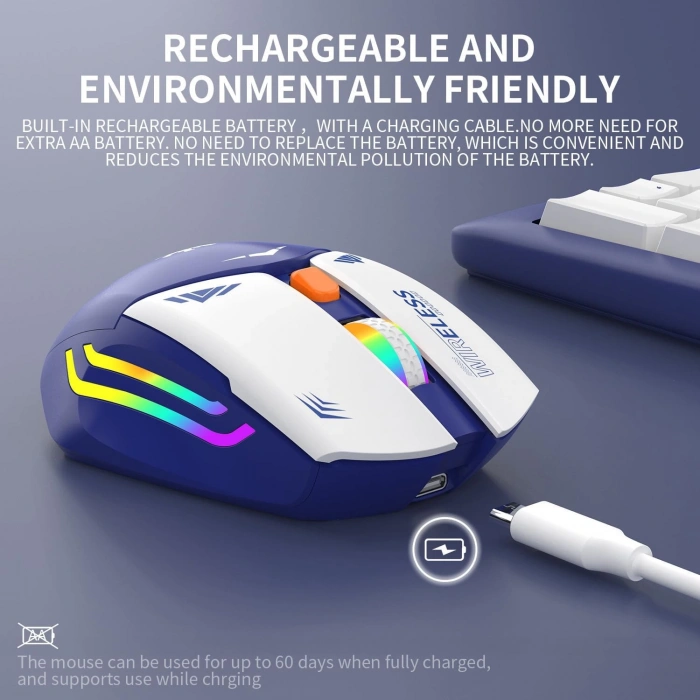 Blic Bwm1 Mavi RGB Şarjlı Kablosuz 1600DPI Işıklı Kablosuz Mouse