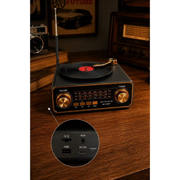 Meier MD-1320BT Siyah Nostaljik Görünümlü Bluetooth Hoparlör ve 3 Bantlı Şarjlı Radyo