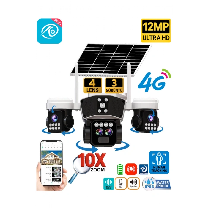 O-kam Pro Okam-9005 | 4G Güneş Enerjili 12 Mp Akıllı Güvenlik Kamerası | Ultra HD Çoklu Lens PTZ Dış Mekan