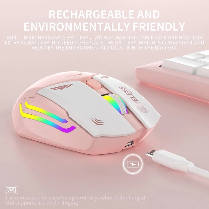 Blic Bwm1 Pembe RGB Şarjlı Kablosuz 1600DPI Işıklı Kablosuz Mouse
