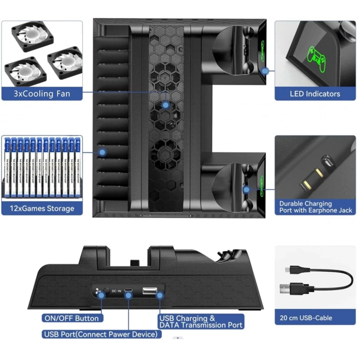 Hepu TP4-882C PS4 3 Soğutma Fanlı Stand Şarj İstasyonu For P-4/Slim/Pro