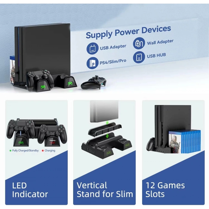 Hepu TP4-882C PS4 3 Soğutma Fanlı Stand Şarj İstasyonu For P-4/Slim/Pro