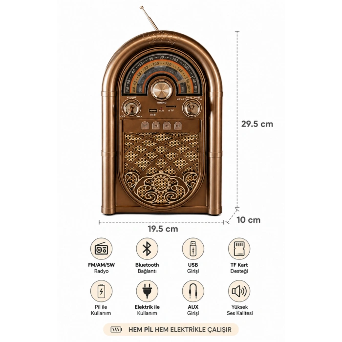 Raiseng R-1950BTL Ahşap Görünümlü Retro Radyo - Nostaljik Tasarım Bluetooth Hoparlör